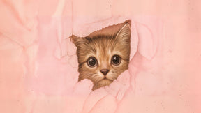 Detailed pink kitten mural wallpaper design pattern showing curious cat with sparkling eyes by Kids-Mundo