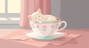 Detailed sleeping kitten in floral teacup mural wallpaper design pattern by Kids-Mundo