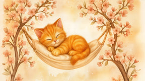 Detailed kitten in hammock mural wallpaper design pattern with cherry blossoms by Kids-Mundo