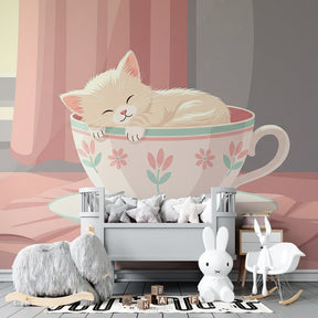 Rose and beige kitten wallpaper for charming kids room design by Kids-Mundo