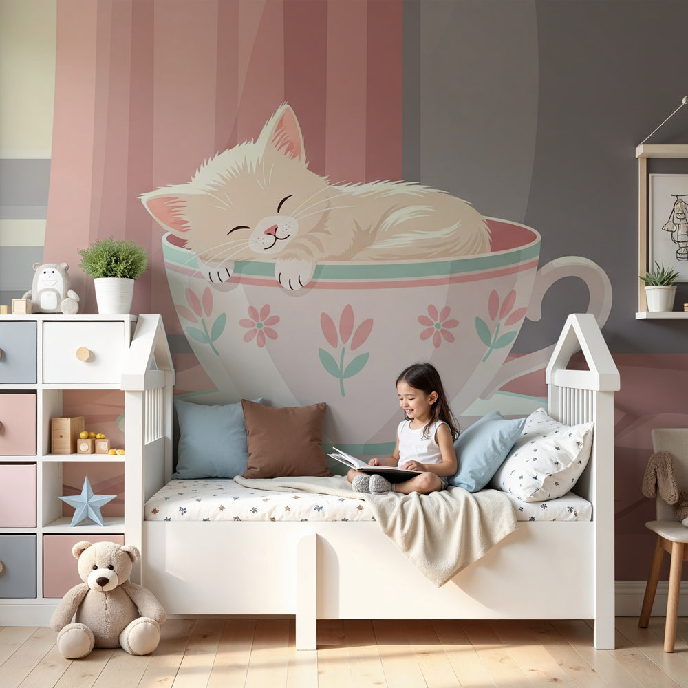 Sleeping kitten mural wallpaper in soft pink nursery room by Kids-Mundo
