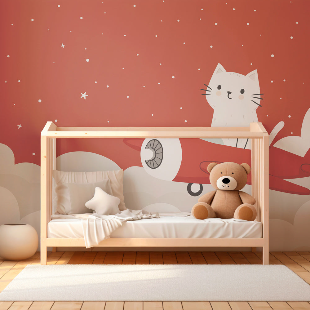Adventure sky mural wallpaper transforming kids bedroom with flying kitten and dreamy clouds