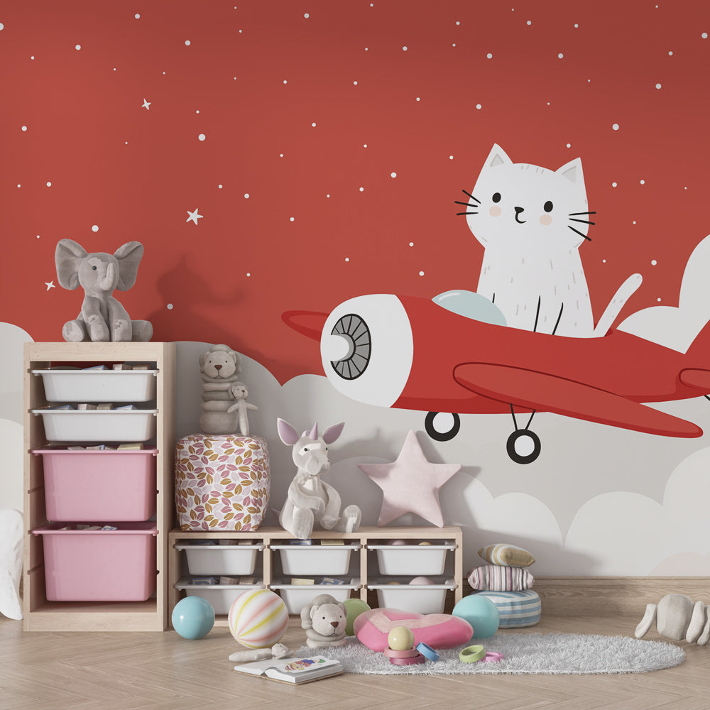 Animal adventure wallpaper for children's playroom featuring kitten in red airplane by Kids-Mundo