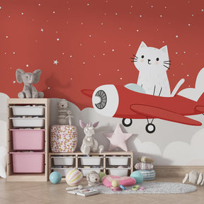 Animal adventure wallpaper for children's playroom featuring kitten in red airplane by Kids-Mundo