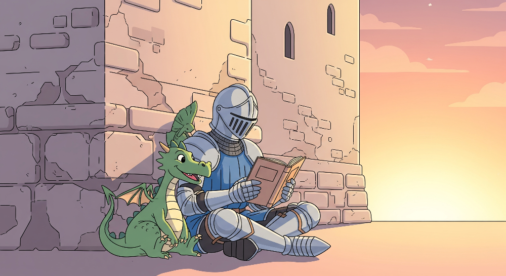 Knight and Dragon Reading at Sunset Wall Mural