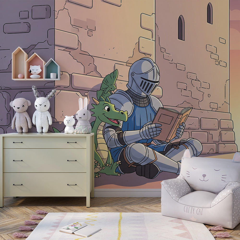 Kids-Mundo castle knight wall mural with dragon in a cosy children's playroom