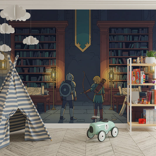 Kids-Mundo knight and archer medieval library wall mural on a feature wall in a kids bedroom