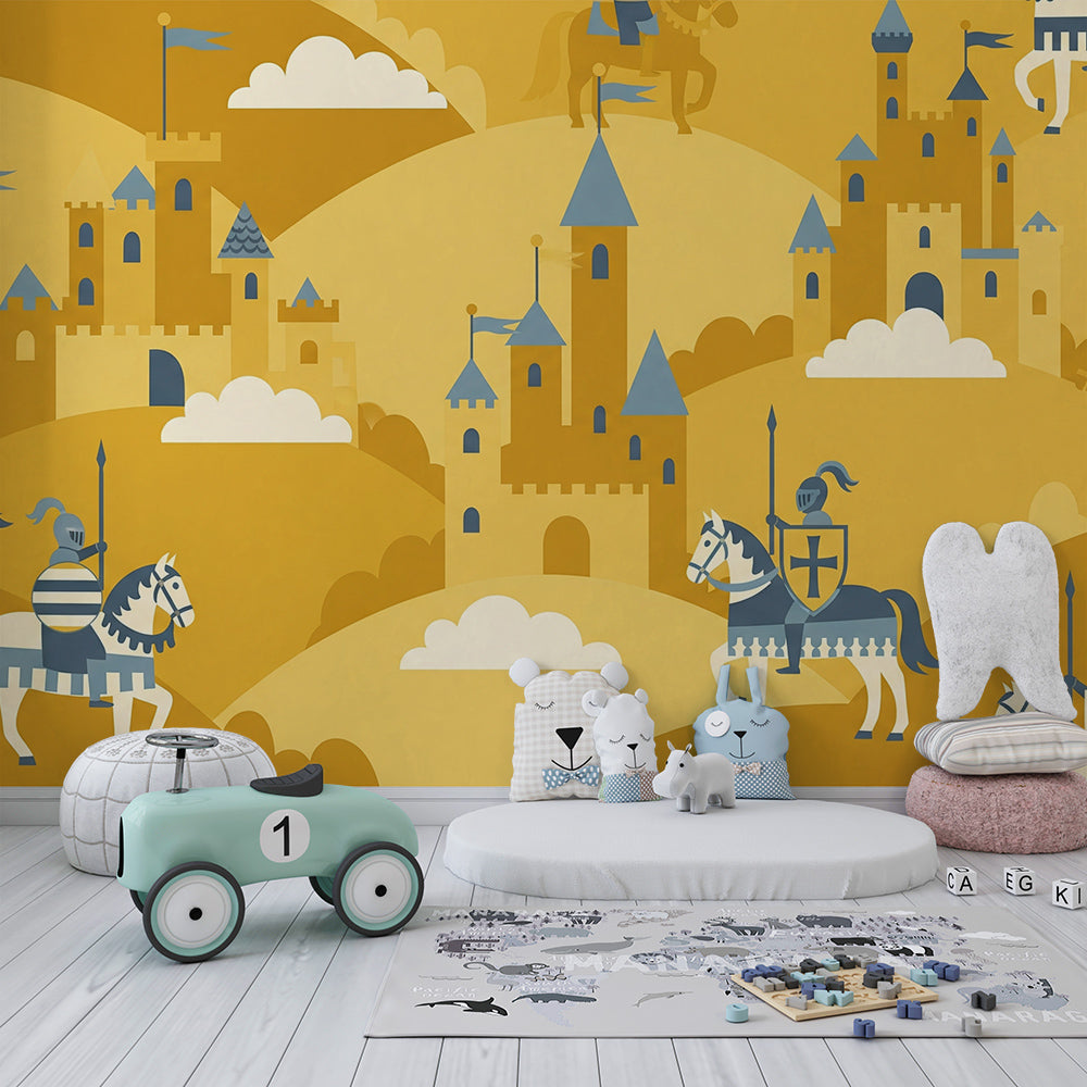 Kids-Mundo knights and castles wall mural behind a bed in an adventurous kids bedroom.
