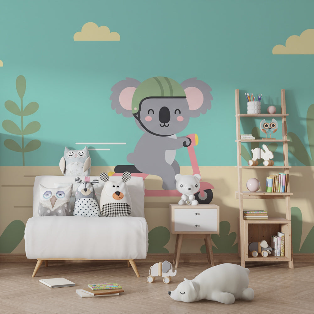Adventure themed koala mural wallpaper creating playful children's bedroom atmosphere with safety message