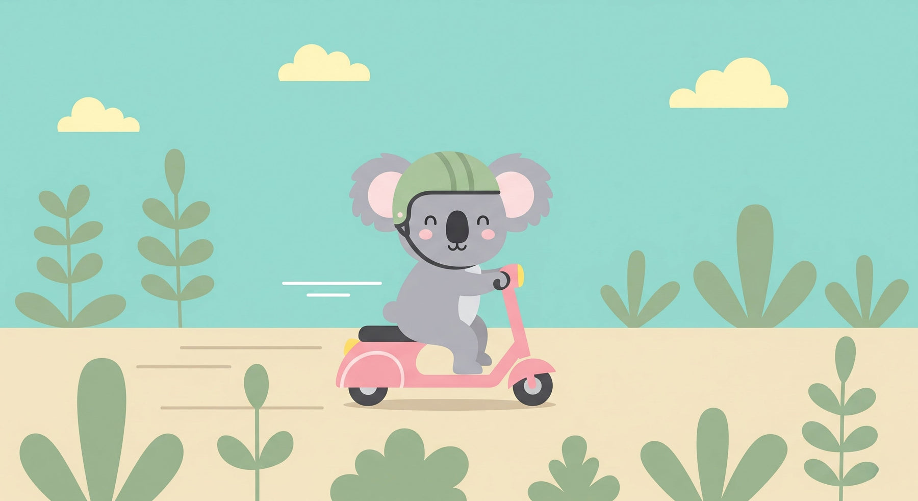 Detailed koala adventure mural wallpaper design pattern showing scooter riding character by Kids-Mundo