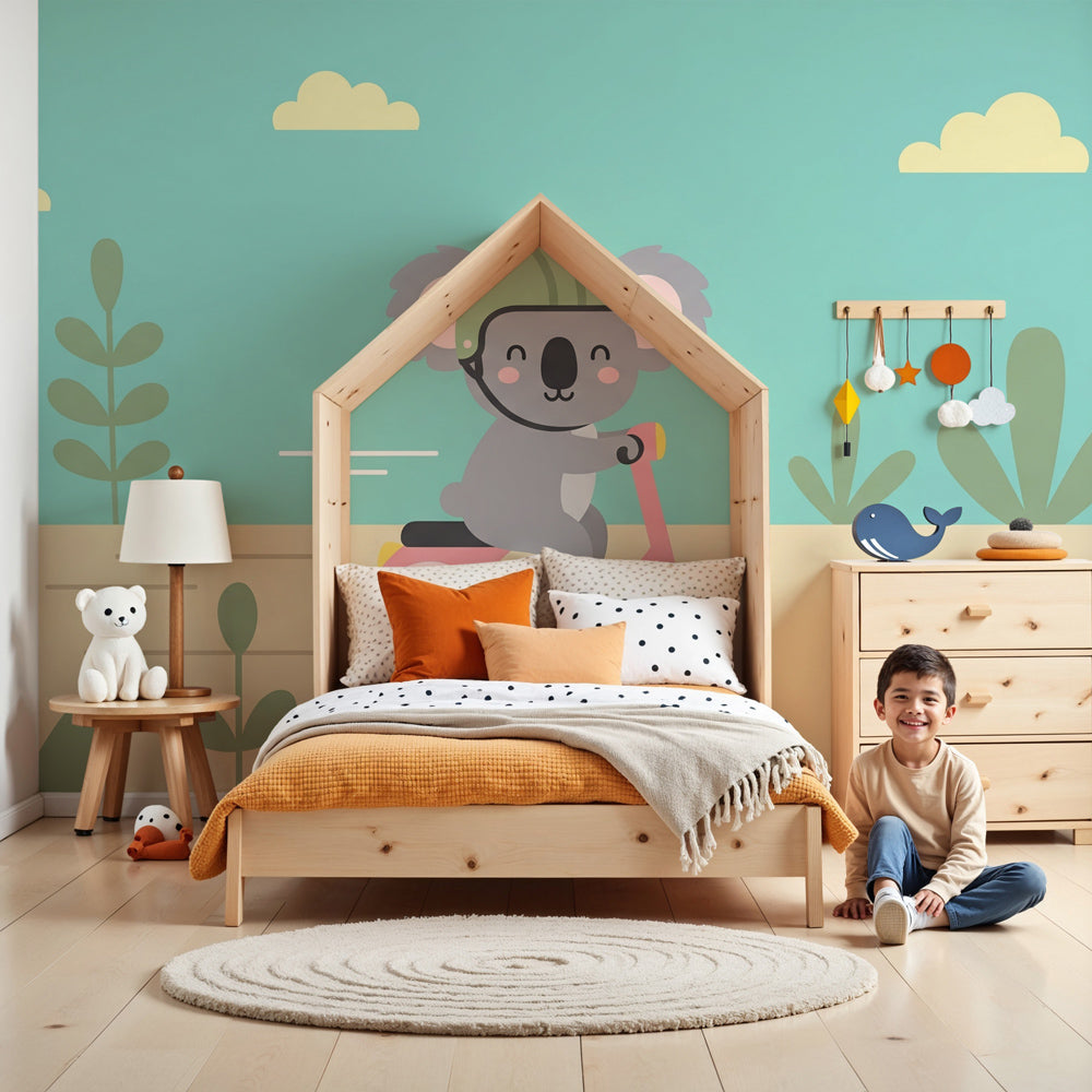 Koala adventure mural wallpaper featuring scooter riding koala in modern kids nursery by Kids-Mundo