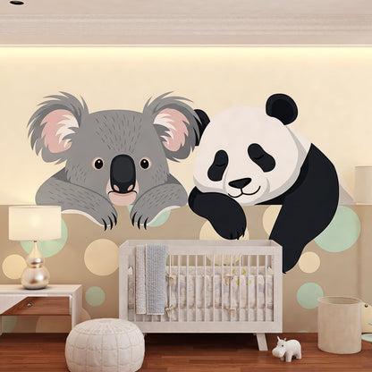 Kids-Mundo koala and panda wall mural styled in a kids bedroom, adding a sweet dotted wall design.