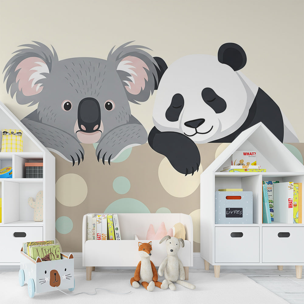 Kids-Mundo koala and panda wall mural brightening a playroom with a cheerful peekaboo pair.