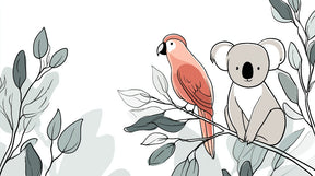 Detailed koala and parrot tropical mural wallpaper design pattern with leaves by Kids-Mundo