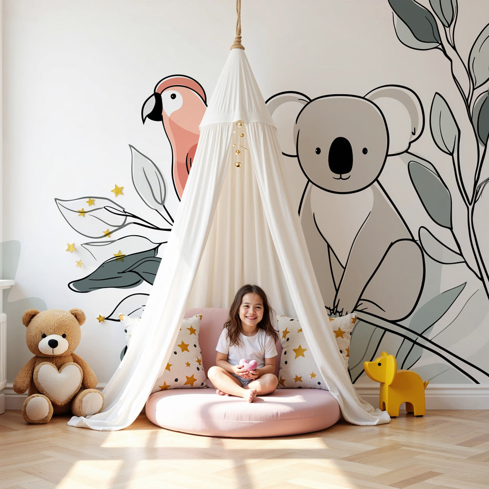 Koala and parrot tropical mural wallpaper in modern nursery with natural wood furniture by Kids-Mundo