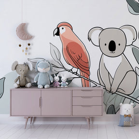 Animal themed mural wallpaper with koala and parrot for kids playroom by Kids-Mundo