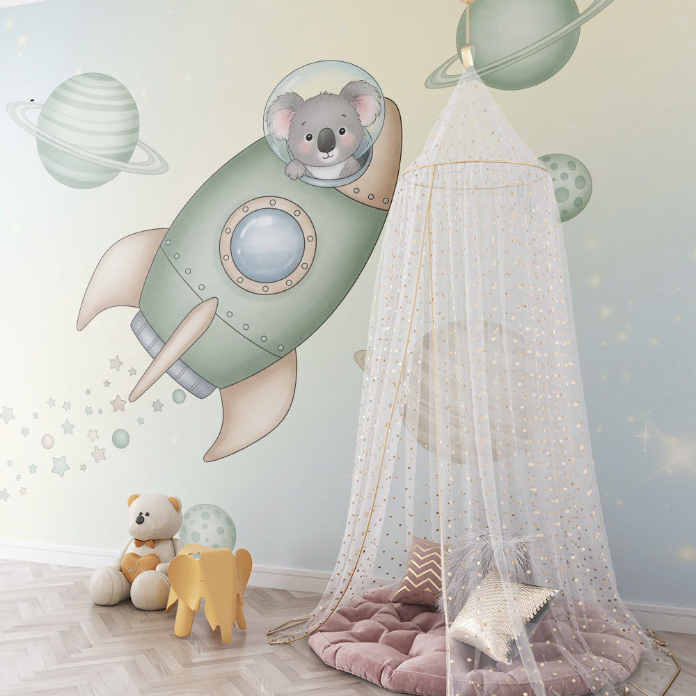 Kids-Mundo koala astronaut wall mural on a soft green kids bedroom wall