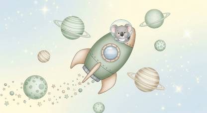 Kids-Mundo flat artwork of a koala astronaut in a rocket among planets