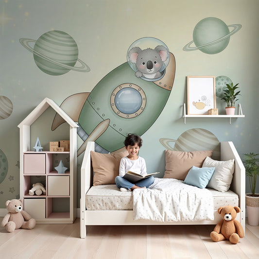 Kids-Mundo koala astronaut rocket wall mural styled in a pastel nursery