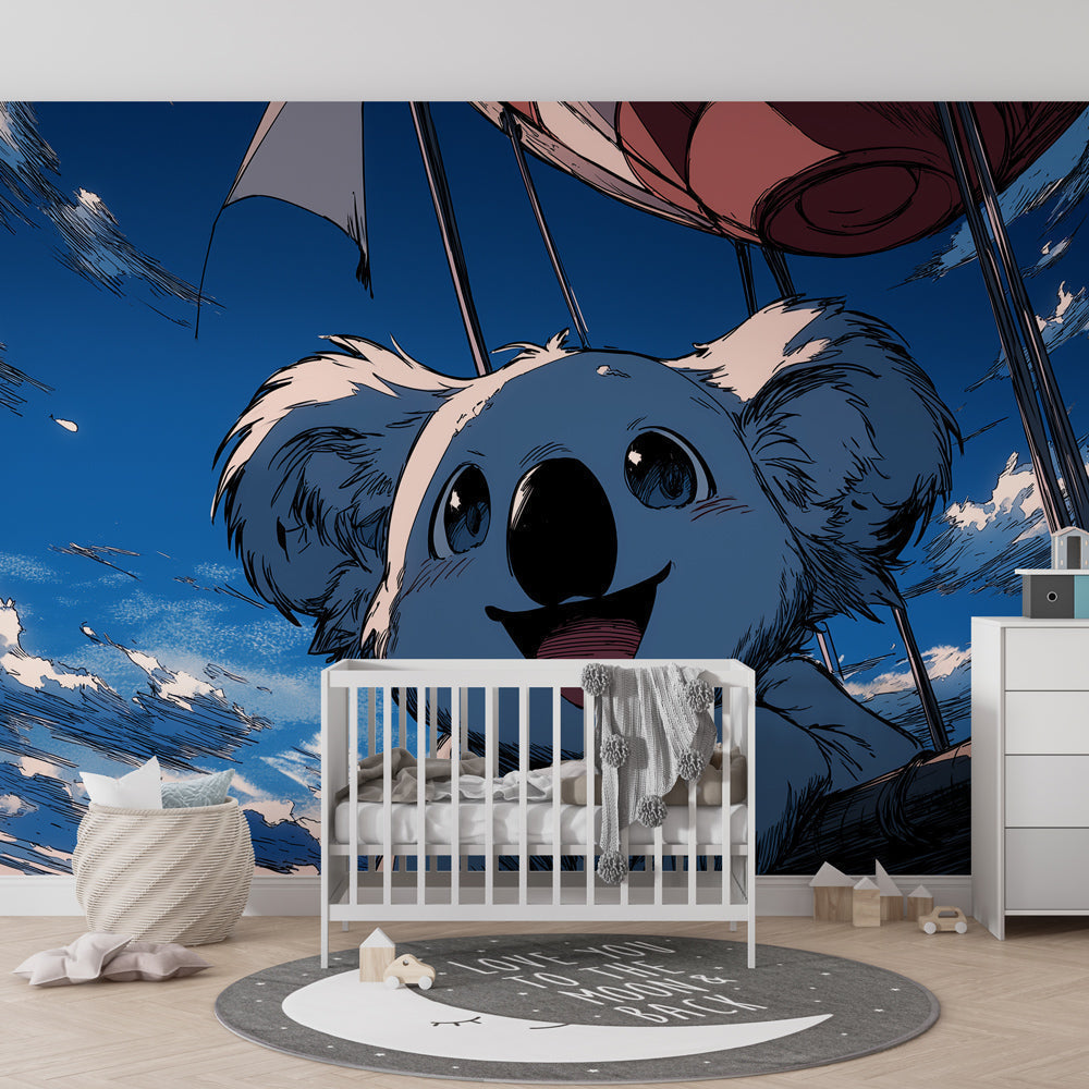 Adventure sky koala wallpaper creating magical atmosphere in children's bedroom