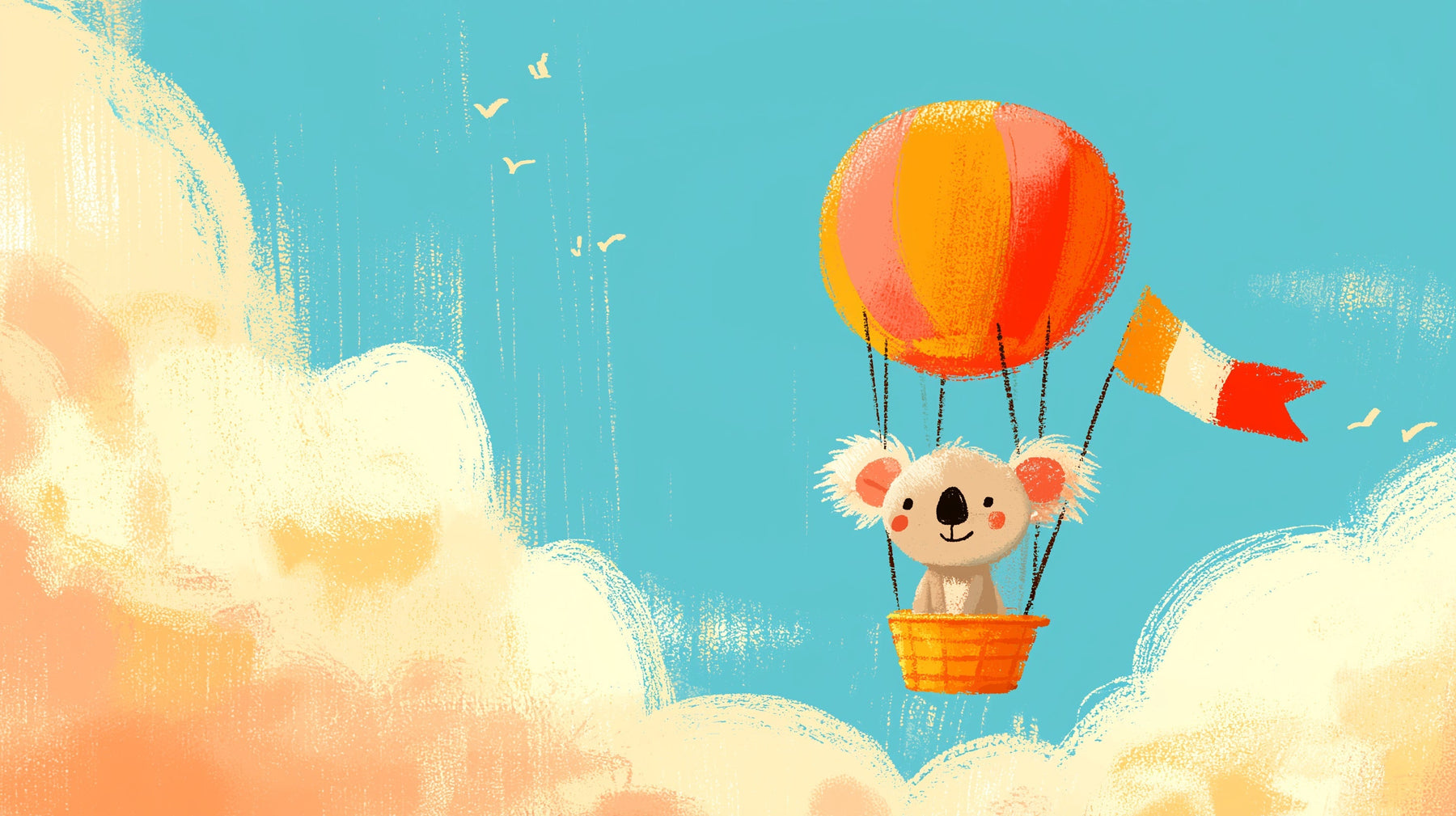 Detailed koala hot air balloon mural wallpaper design pattern with blue sky and clouds by Kids-Mundo