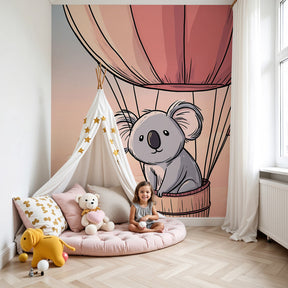 Koala hot air balloon mural wallpaper in modern baby nursery with white crib by Kids-Mundo