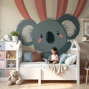 Koala balloon mural wallpaper in pastel nursery with white crib by Kids-Mundo