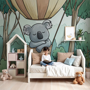 Koala balloon mural wallpaper in modern nursery with wooden crib by Kids-Mundo