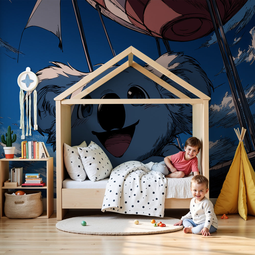 Koala hot air balloon mural wallpaper in bright nursery with white crib by Kids-Mundo