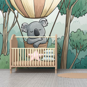 Adventure themed koala balloon wallpaper transforming children's playroom into magical space