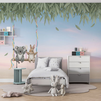 Kids-Mundo koala and bunny wall mural shown on a kids bedroom wall above a cot.