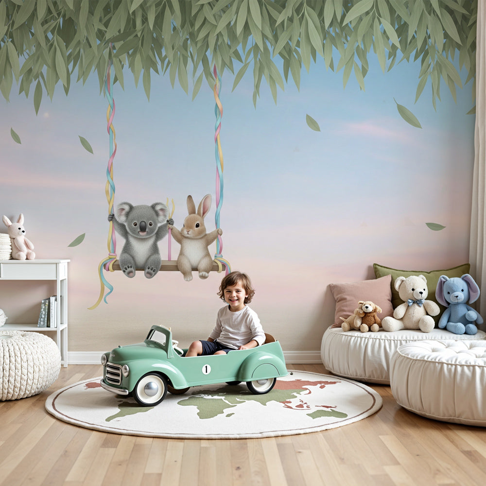 Kids-Mundo koala and bunny swing wall mural styled in a soft pastel baby nursery.
