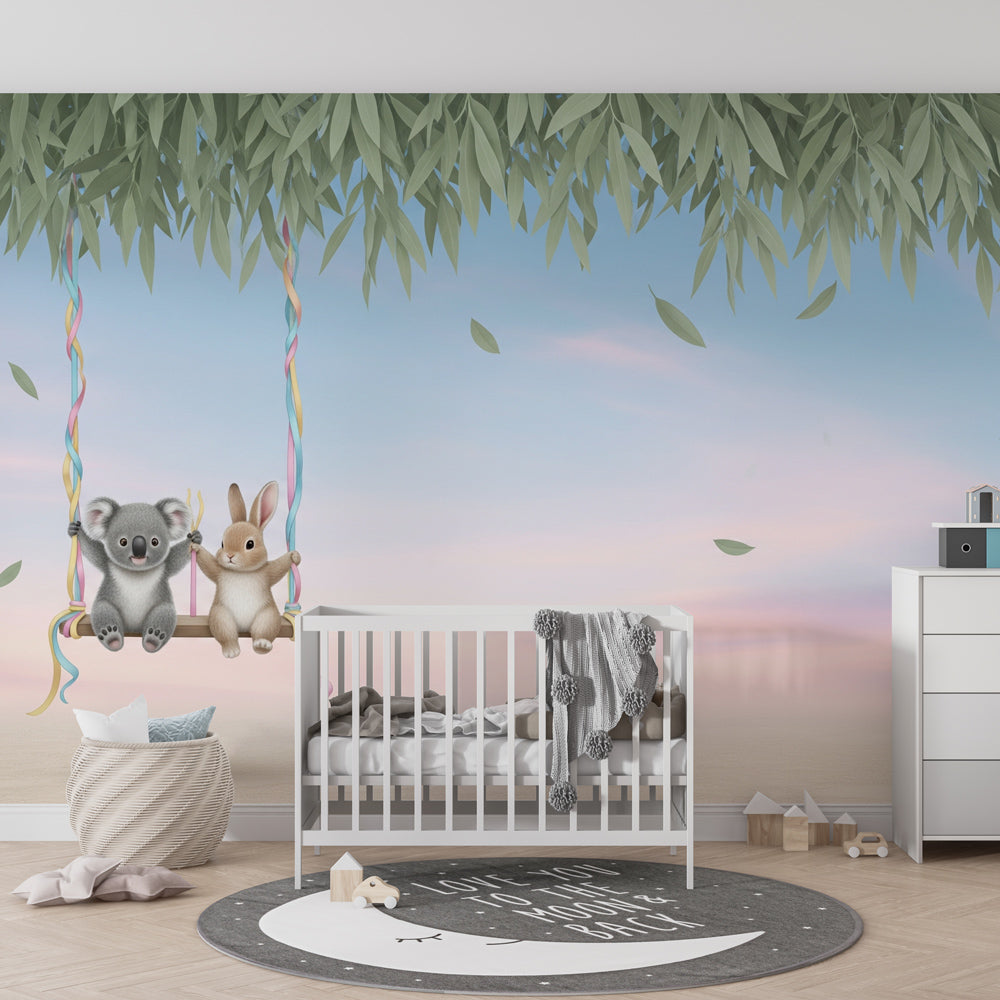 Kids-Mundo koala and bunny swing wall mural styled in a bright children's playroom.