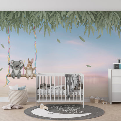 Kids-Mundo koala and bunny swing wall mural styled in a bright children's playroom.