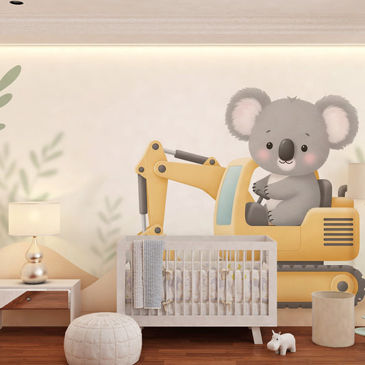Kids-Mundo koala on a digger wall mural on a feature wall in a fun kids bedroom