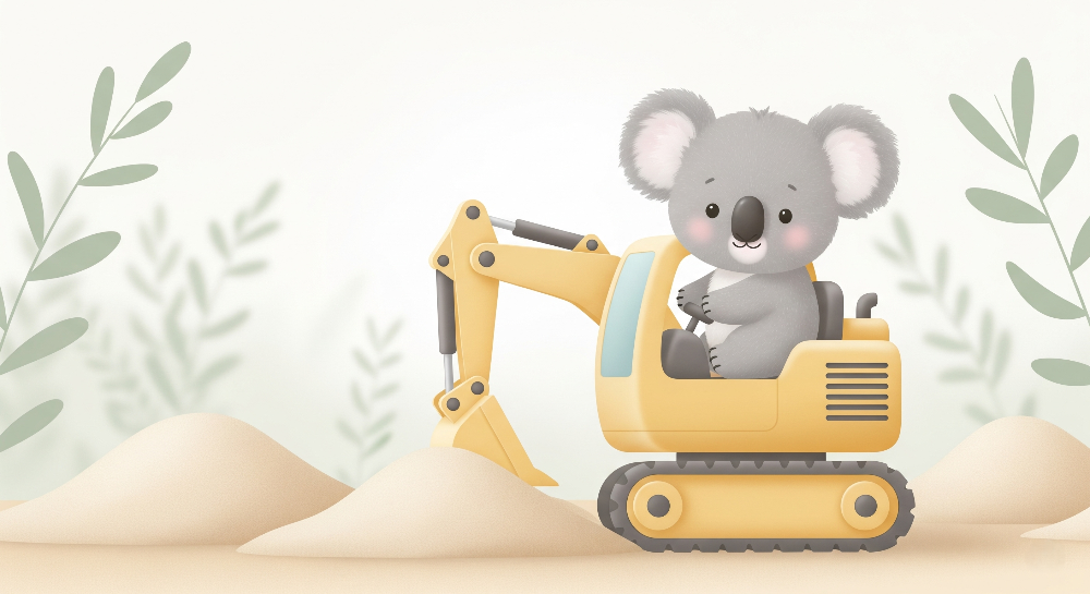 Kids-Mundo flat artwork of the koala on a digger wall mural in soft yellow and green tones