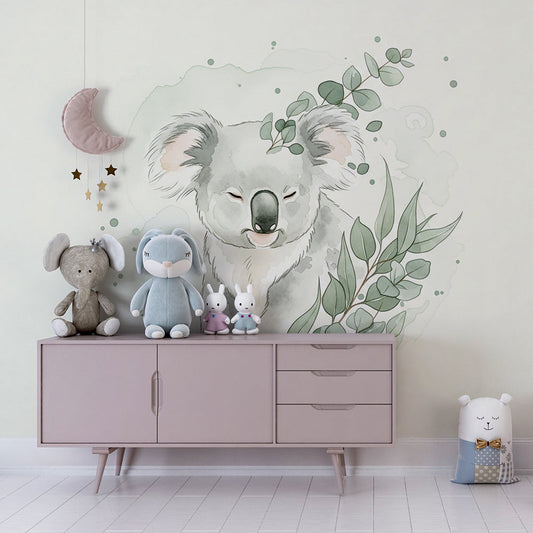 Kids-Mundo koala eucalyptus wall mural as a soft feature wall in a kids bedroom