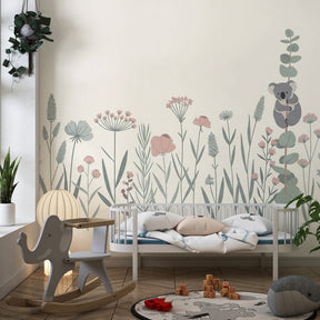 Sweet koala garden wallpaper creating serene children's bedroom decor with natural elements