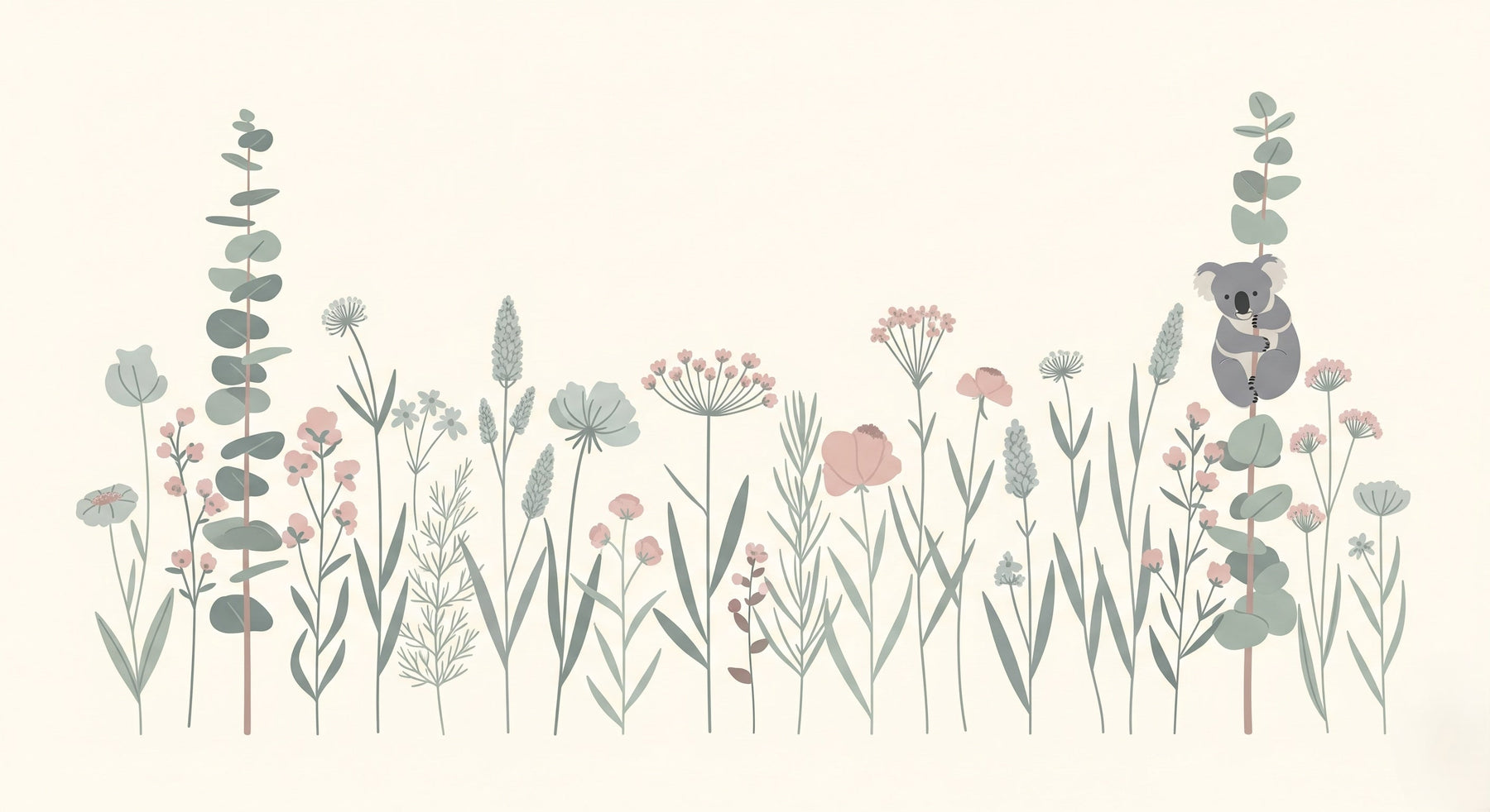 Detailed koala and botanical flowers mural wallpaper design pattern showing garden elements by Kids-Mundo