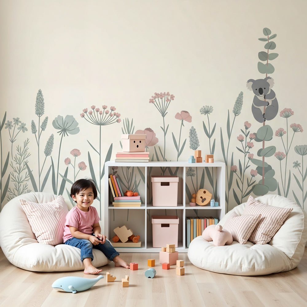 Koala floral mural wallpaper in peaceful nursery setting with botanical garden theme by Kids-Mundo