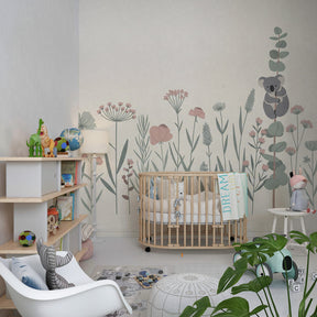 Botanical koala mural wallpaper transforming kids playroom into nature sanctuary by Kids-Mundo