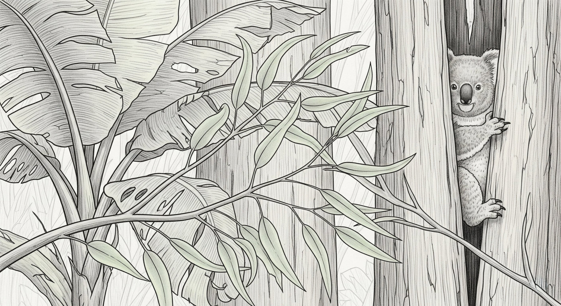 Detailed koala forest mural wallpaper design pattern showing curious wildlife among trees by Kids-Mundo