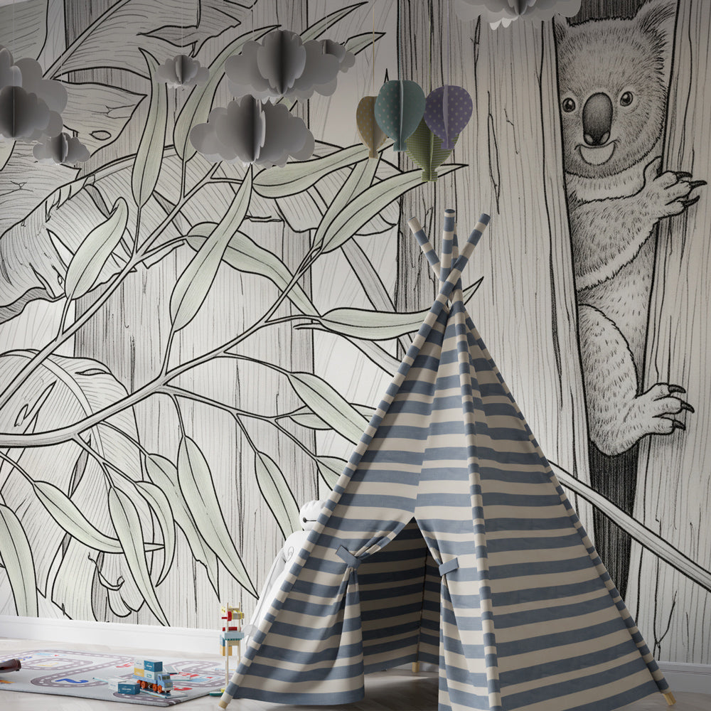 Forest themed koala mural wallpaper transforming kids playroom into woodland adventure space