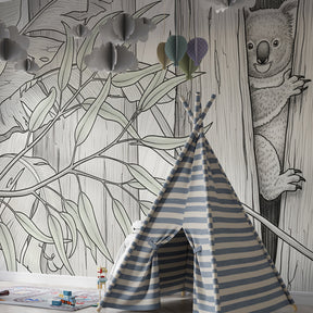 Forest themed koala mural wallpaper transforming kids playroom into woodland adventure space