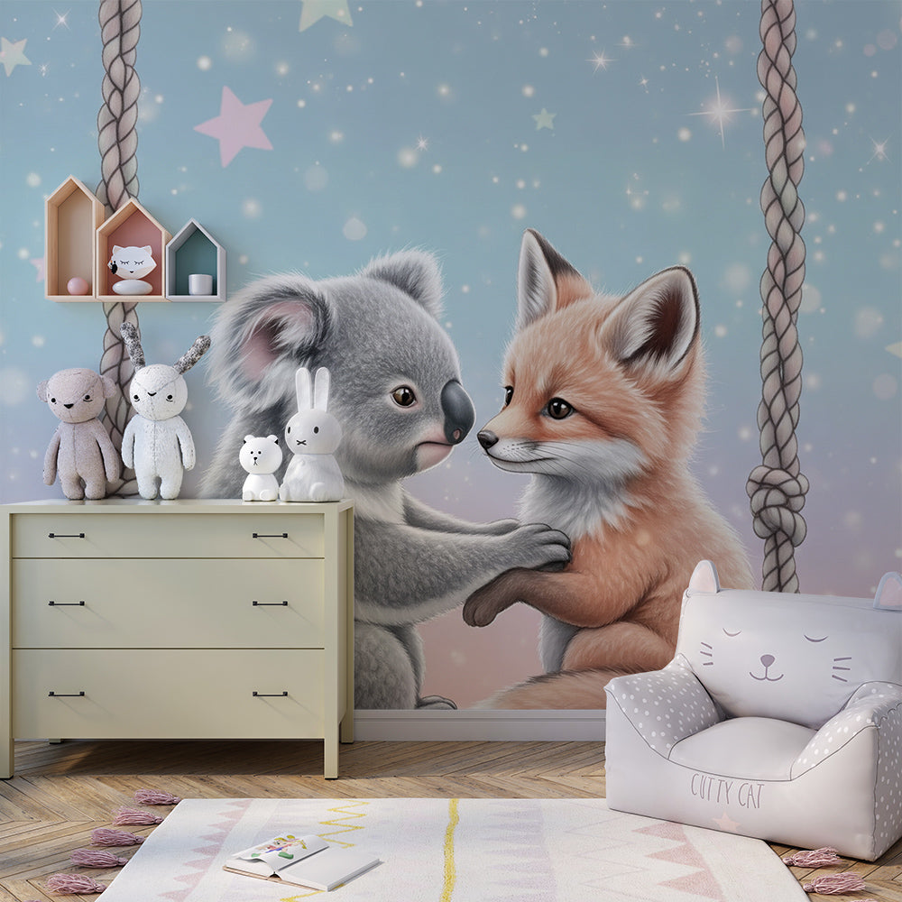 Kids-Mundo koala and fox wall mural decorating a cosy kids bedroom feature wall