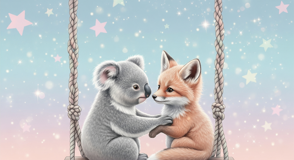 Koala and Fox Cub Starry Swing Wall Mural