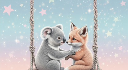 Kids-Mundo koala and fox cub illustration artwork used for this starry swing wall mural