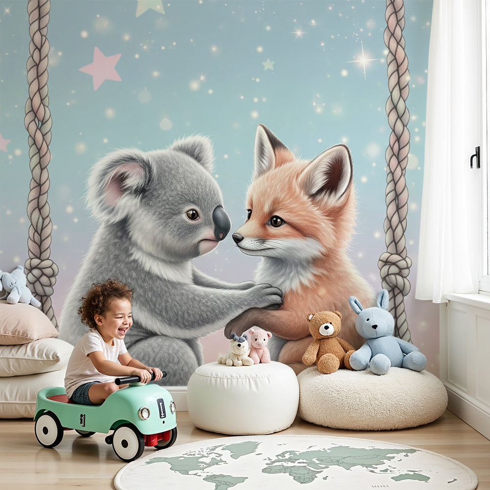 Kids-Mundo koala and fox starry swing wall mural styled in a soft pastel baby nursery