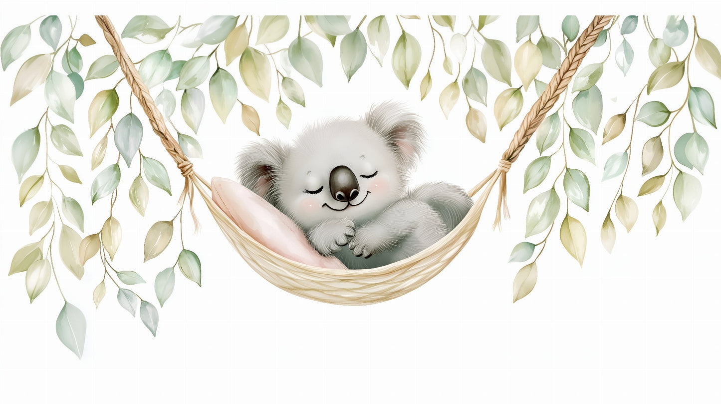 Kids-Mundo watercolour koala sleeping in a hammock among eucalyptus leaves