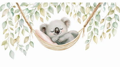 Kids-Mundo watercolour koala sleeping in a hammock among eucalyptus leaves